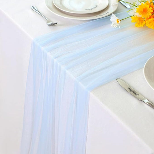 Snowkingdom Light Blue Table Runner 10FT, Baby Blue Sheer Cheesecloth Gauze Runner 120 Inch, Rustic Boho Party Table Decoration for Wedding Bridal Baby Shower Birthday Christmas Winter Holiday