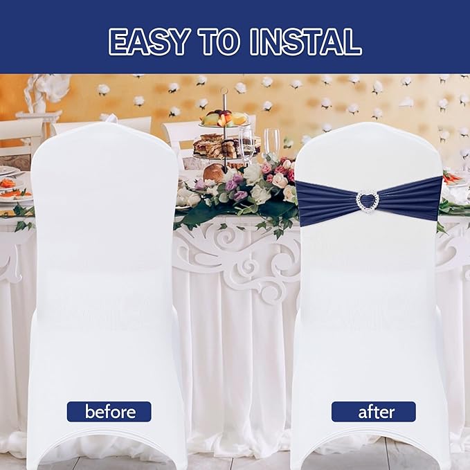 Howhic Pack of 60 Spandex Chair Sashes Bows Stretch Chair Cover Band with Buckle Slider Universal Elastic Chair Ties for Wedding Banquet Party Event Decoration (Navy)