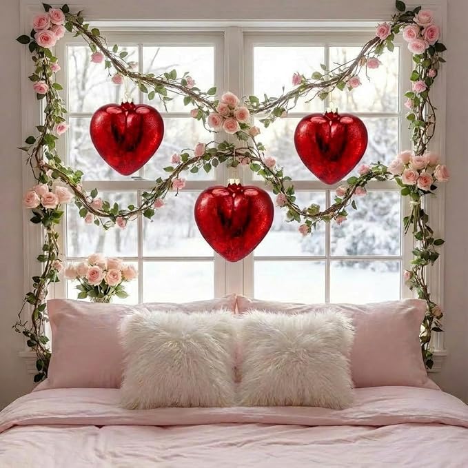 RattanView 12 Pack Red 5.12 inch Large Valentine Hanging Glass Hearts Valentine Heart Glass Ornament Heart Shaped Ornament Shiny Antique Romantic Love Shaped for Anniversary Wedding Hanging Tree Decor
