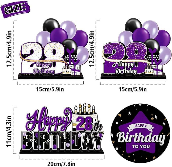 LINGTEER Happy 28th Birthday Purple Acrylic Table Topper Centerpieces Set - Cheers to 28 Years Old Birthday 28th Bday Party Gift Decorations.