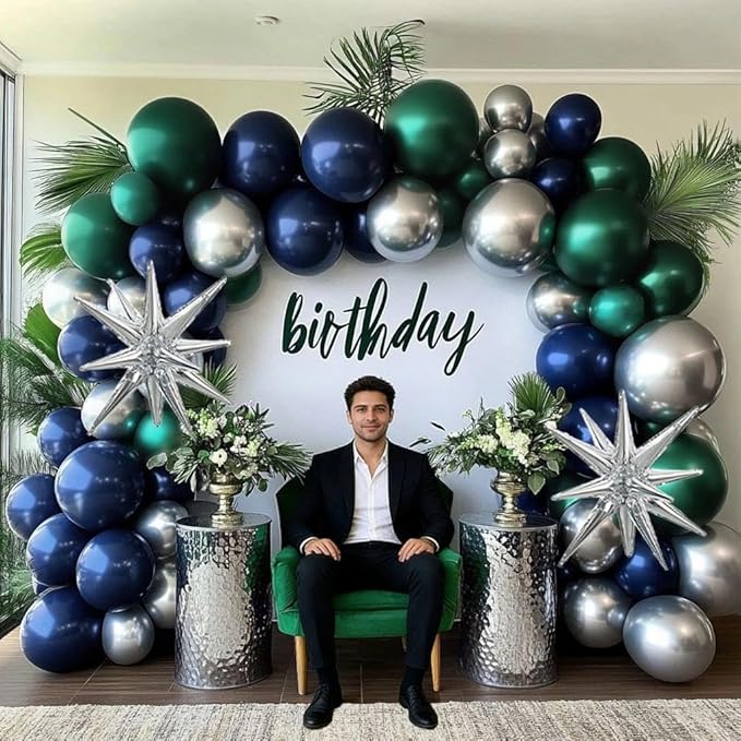 Navy Blue Green Silver Balloon Garland Double Stuffed Dark Green Silver Forest Navy Balloon Metallic Arch Kit for Birthday Football Game Dinosaur Graduation Party Decoration