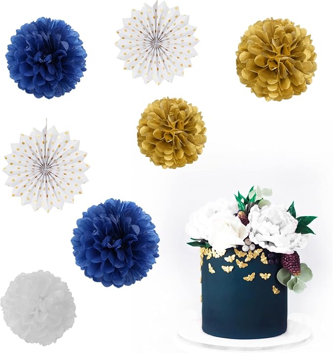 Navy-Blue White Gold Party Decorations - 14pcs Kits Paper Lanterns Fan,Tissue Flower Pom Poms Streamers,Honeycomb Balls,Graduation 2026 Men Birthday Wedding Baby Bridal Shower Decor Lasting Surprise