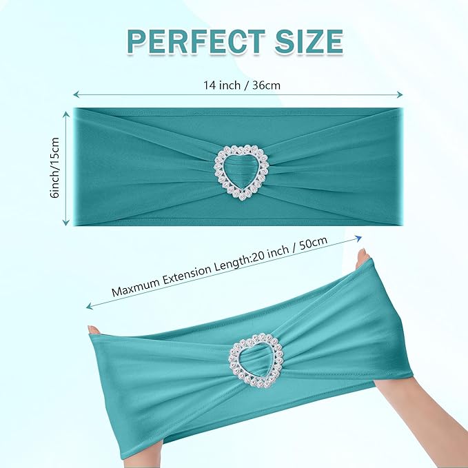 Howhic Pack of 120 Spandex Chair Sashes Bows Stretch Chair Cover Band with Buckle Slider Universal Elastic Chair Ties for Wedding Banquet Party Event Decoration (Turquoise)