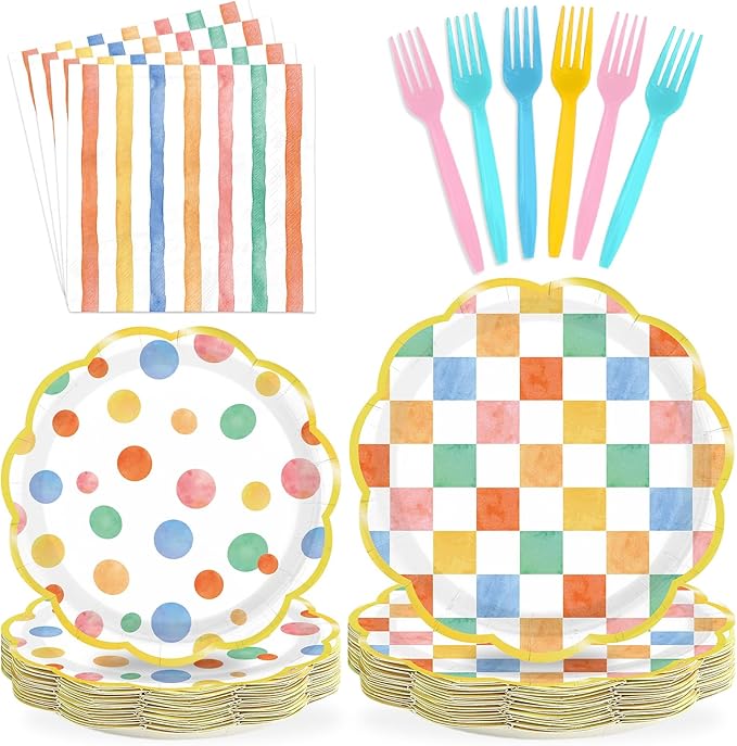 96Pcs Pastel Gingham Decorations Rainbow Gingham Plates and Napkins Colorful Striped Plaid Dots Tableware Set for Boys and Girls Baby Shower Pastel Birthday Preppy Party Supplies, Serves 24