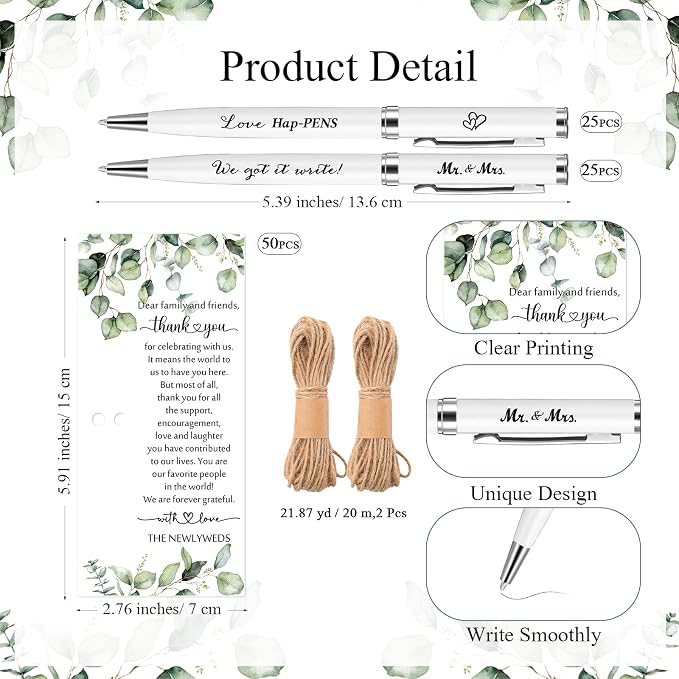 Affrolling 50 Sets Wedding Favors for Guests Bulk Retractable Ballpoint Pen Thank You Cards with Bridal Shower Gift for Guest Wedding Souvenirs Newlyweds Party Supplies (Leaf,Hemp Rope)