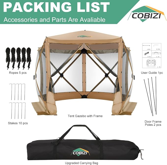 COBIZI 10x10 FT Pop up Gazebo, Popup Canopy Tent,Instant Screened in Gazebos, Waterproof Portable Outdoor Small Screen Tents Sun Shelter,carpas para Patio for Camping, Garden and Backyard,Khaki