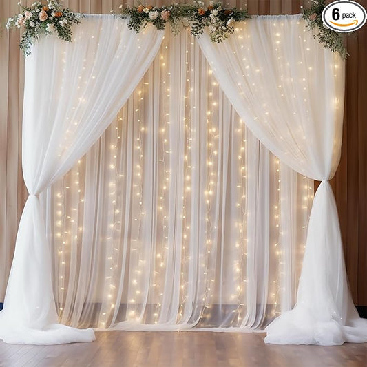 30x8ft White Sheer Backdrop Curtain with Lights String for Parites, Tulle Photo Backdrop Drapes with Lights for Wedding Backdrop Ceremony Reception Bridal Shower Baby Shower Birthday Party