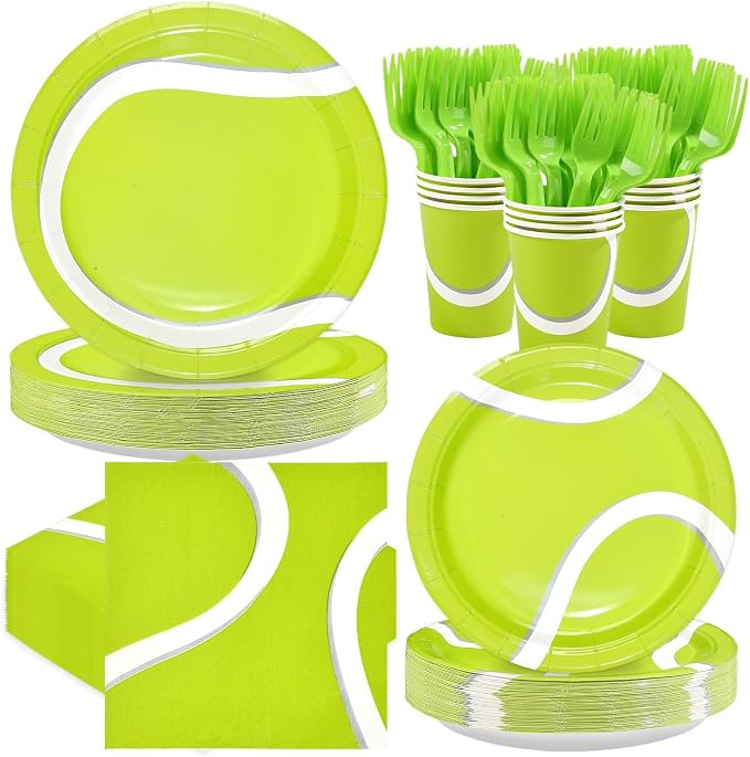 250Pcs Tennis Party Decorations Green Tennis Themed Plates Napkins Cups Forks Disposable Sports Ball Theme Tableware Set for Sports Fans Kids Baby Shower Birthday Picnic Party Supplies Serves 50