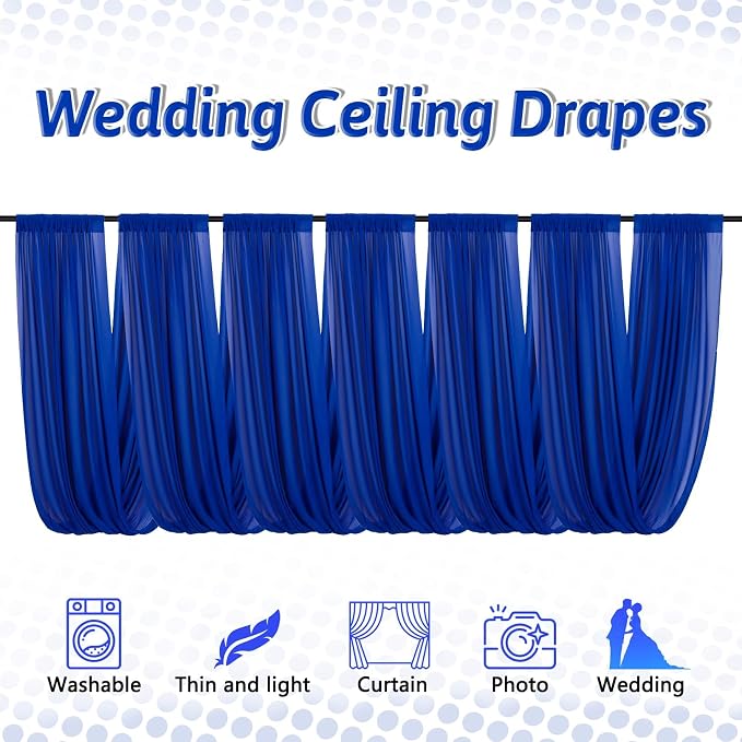 DUOBAO Royal Blue Chiffon Ceiling Drapes 5FTx30FT 6 Panels Sheer Canopy Drapes for Valentine's Day Wedding Party Event Ceiling Decor