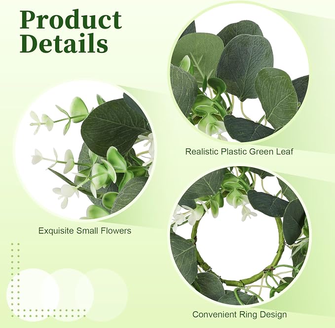 12 Pcs Artificial Eucalyptus Candle Rings Wreaths, 9 Inch Candle Rings with Baby Breath, Greenery Candle Rings for Pillar Candles, Wedding Centerpieces, Home Decor