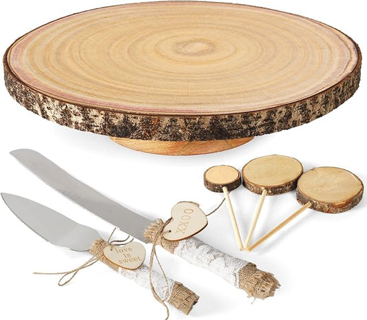 Relaxing Garden Customizable 12 Inch Rustic Wood Cake Stand Set with Bark Edge, Cake Knife & Server + Blank Wood Slice Topper — Cake Display for Weddings, Birthdays, Showers & Holiday Celebrations