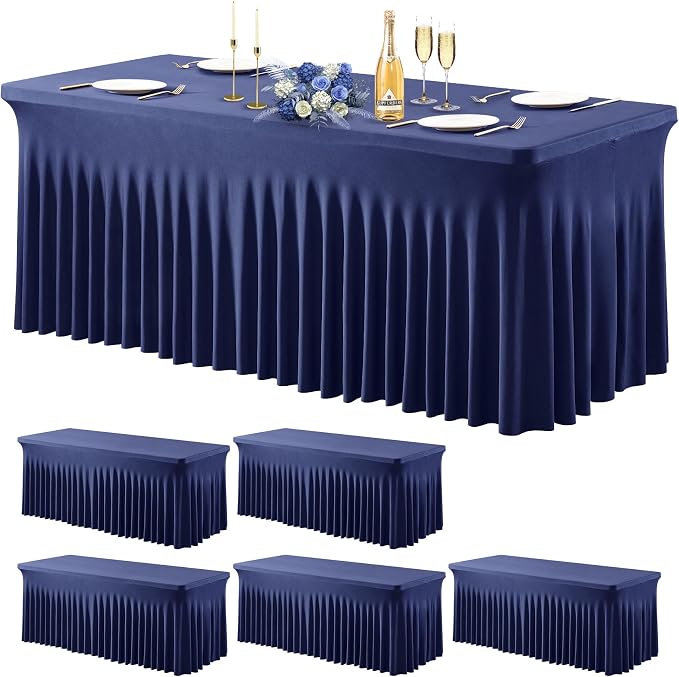 Wish Care 6 Pack Navy Blue Stretch Spandex Table Clothes for 4 Foot Rectangle Tables, 4FT Wrinkle Free Fitted Tablecloths Ruffles Design Table Cover for Party, Banquet, Wedding and Events