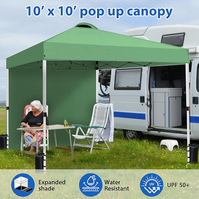 Durable 10 x 10 Pop-up Canopy Tent with 1 Sidewall, Portable Instant Camping Beach Canopy Tents, Green