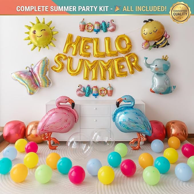 102 PCS "Hello Summer" Foil Balloon Decoration Kit, Tropical Summer Party with Flamingo Elephant Butterfly Mylar Balloons All-in-One Set, Gold Letter for Pool Party, Beach Party, Summer Decor