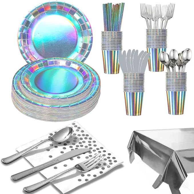 201-piece disposable party tableware set with paper plates, cups, napkins, straws, tablecloths, plastic knives, forks and spoons for a variety of party occasions for up to 25 people (Silver Rainbow)