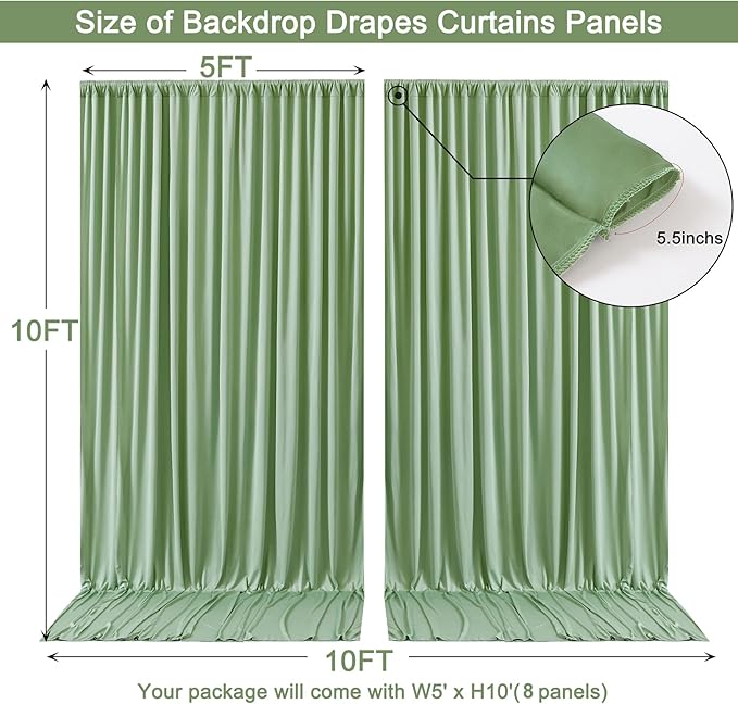 40x10ft Sage Green Backdrop Curtain for Wedding Parties Wrinkle Free Fabric Sage Green Drapes Backdrop Decoration for Baby Shower Birthday Photography Decoration 8 Panels, 5ft x 10ft