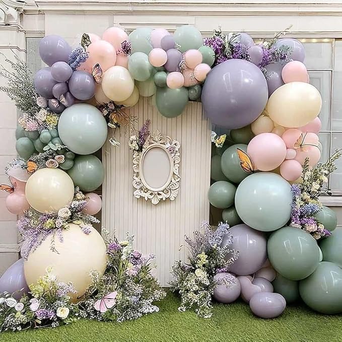 Dusty Green Purple Pink Balloon Arch, Double Stuffed Lavender Light Sage Green Ivory Blush Pastel Balloon Garland Kit for Baby Shower Birthday Wedding Bridal Wild-Flower Easter Party Decoration
