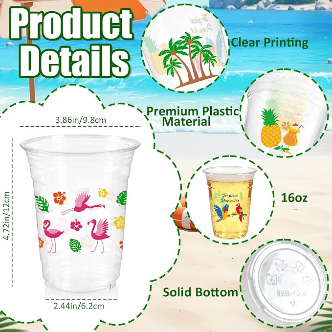 50Pcs Luau Party Decoration Cups 16 OZ Disposable Plastic Drinking Cups with Pineapple Flamingo, Summer Cup for Hawaiian Tropical Aloha Pool Beach Birthday Party Decor Supplies