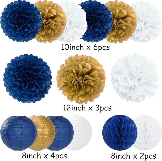 Navy Blue Gold White Paper Flowers Tissue Pom Poms Honeycomb Lanterns 15pcs Royal Party Decorations Birthday Wedding Baby Bridal Shower Bachelorette Graduation Hanging Supplies Mprocherify