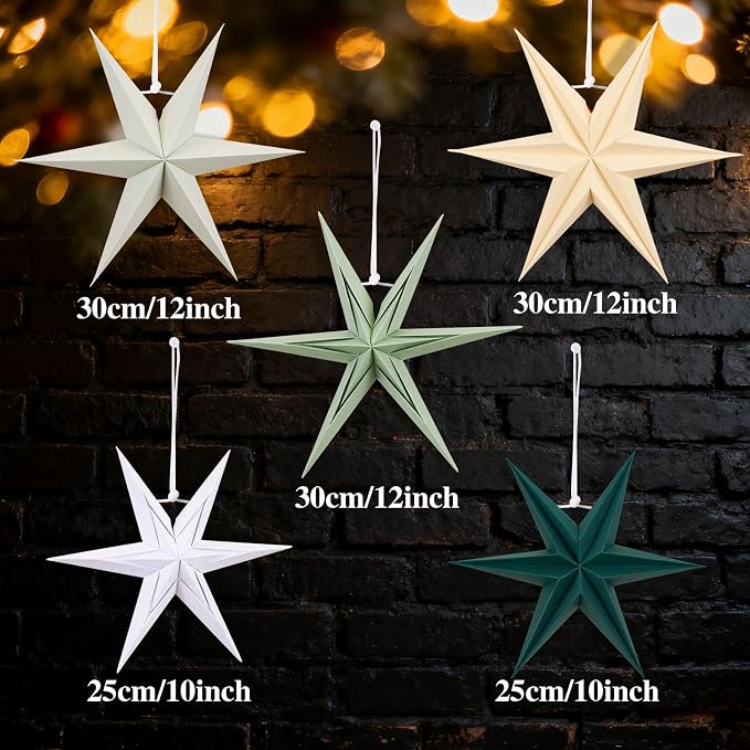 Paper Stars Christmas Party Decorations, 5PCS 6-Pointed Paper Star Hanging Decoration Set Holiday Decor Stars Shape Landerne for Birthday Party Tree Xmas Home Decor