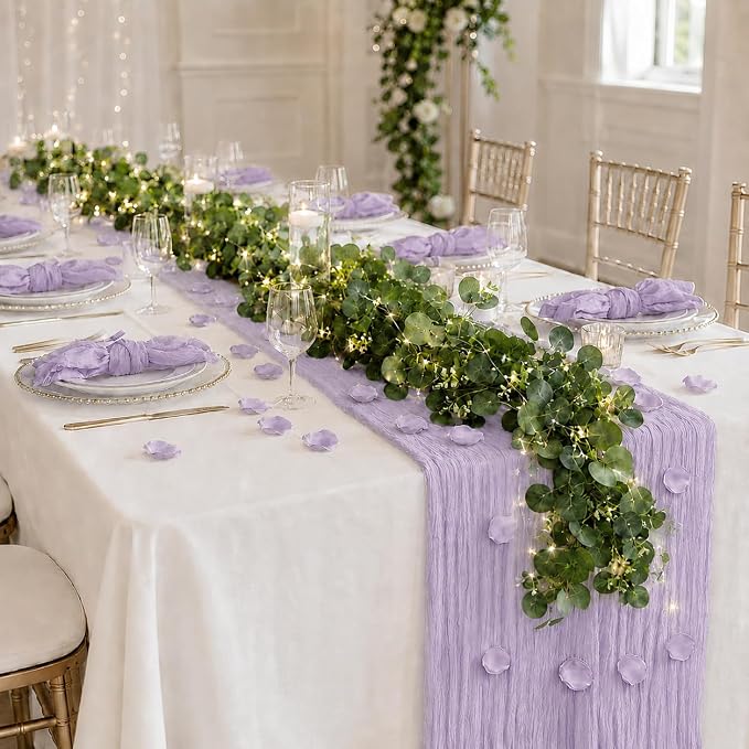 Cinrobiye 11PCS Boho Cheesecloth Table Runner Set with Rose Petals, 120 Inch Gauze Table Runner, Wrinkled Napkins, Eucalyptus Garland and String Lights for Wedding Baby Shower Tea Party Decorations