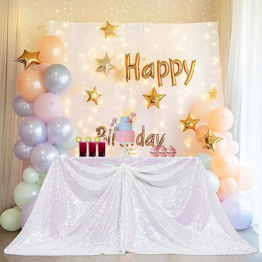PartyDelight Sequin Tablecloth Iridescent White 60x 120 Rectangular Table Cloth Wedding Sweetheart Christmas