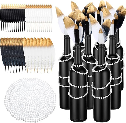 Umigy 49 Pcs Roaring 20s Party Decorations 8 Matte Coated Glass Wine Bottles 40 Dipped Feather 16.4 feet Long String of Pearls Bead for 1920s Themed Wedding Cake Table Centerpiece (Black)