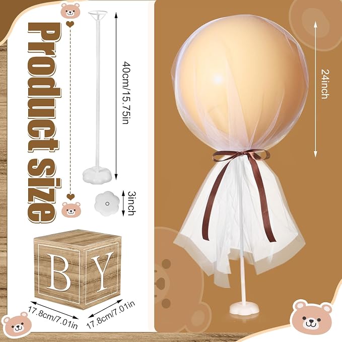 6 Set Brown Bear Tulle Tutu Balloon with Letter Boxes Baby Shower Table Centerpieces Decor for Gender Reveal 24'' Balloons White Tulle Cover with Stand, Boxes for Girl Boy Wedding Birthday Party