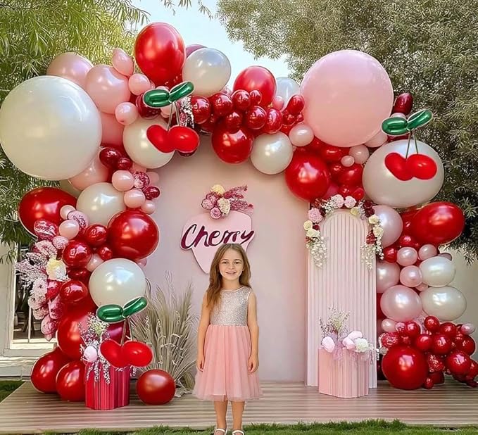 Red Pink Balloon Arch Double Stuffed Latex Pink White Pearl Balloons Red Green Long Balloon Garland for Cheery On Top Baby Shower Birthday Christmas Bridal Shower Garden Berry Party Decoration