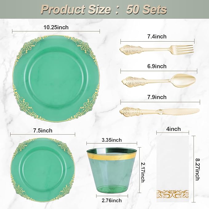 Bestluck 350PCS Clear Green Plastic Plates for 50 Guests, Disposable Plates with Gold Trim include 100 Dinner Plates, 150 Gold Silverware, 50 Cups, 50 Napkins for Party, Wedding and Graduation
