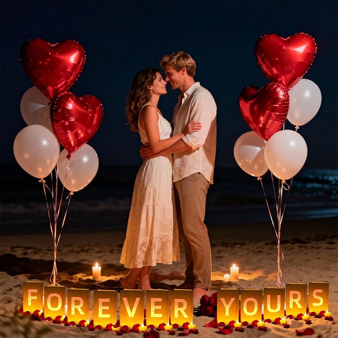 FOREVER YOURS Light Up Letters, with Tea Lights Candles, Rose Petals, Pearlescent Foil Balloons - Luminary Paper Bags, Anniversary Decorations and Valentines' Day Decorations for Your Loved One