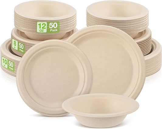 Havawish 150 Pcs Compostable Paper Plates and Bowls Set 8 Inch 10 Inch Disposable Plate 12oz Biodegradable Bowls for 50 Guests Party Dinner Party Supplies Bulk
