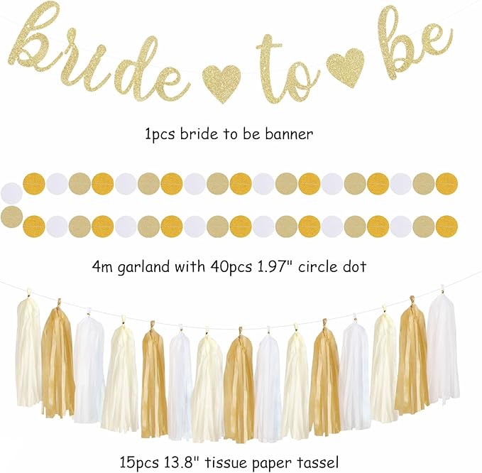 Champagne Gold White Bridal-Shower Party-Decorations - 31pcs Bride to Be Banner,Boho Neutral Bachelorette Paper Lanterns,Wedding Streamers Garland,Tissue Pom Poms Flower Fan Decor Supplies Burgleda