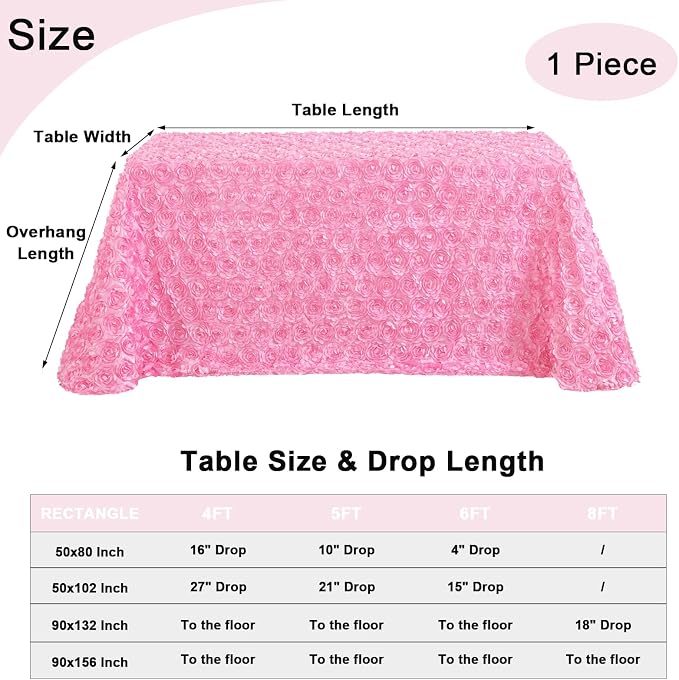 Fanqisi Pink Rosette Tablecloth 90x156 Inches Girls Baby Showe Tablecloth for Birthday Cake Table Top Decorations