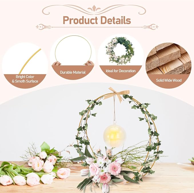 cenoz 8 Pack 12Inch Double Floral Hoop Centerpiece for Tables, Hoop Centerpiece Kit with Candle Light & Clear Acrylic Base, Metal Wreath Ring for DIY Table Wedding Decorations(Flower Not Included)