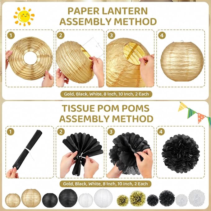 18pcs Black Gold Paper Lanterns Decoration Hanging Paper Décor Pom Poms Paper Flower Party Supply for Graduation Masquerade New Years Birthday Party Decor