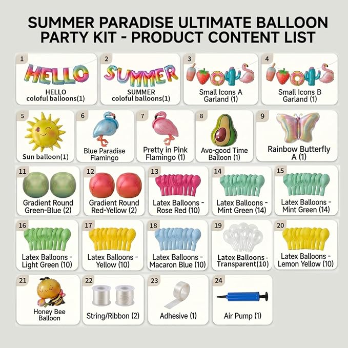 91 PCS "Hello Summer" Foil Balloon Decoration Kit, Tropical Summer Party with Flamingo Bee Butterfly Avocado Mylar Balloons All-in-One Set, Rainbow Letter for Pool Party, Beach Party, Summer Decor