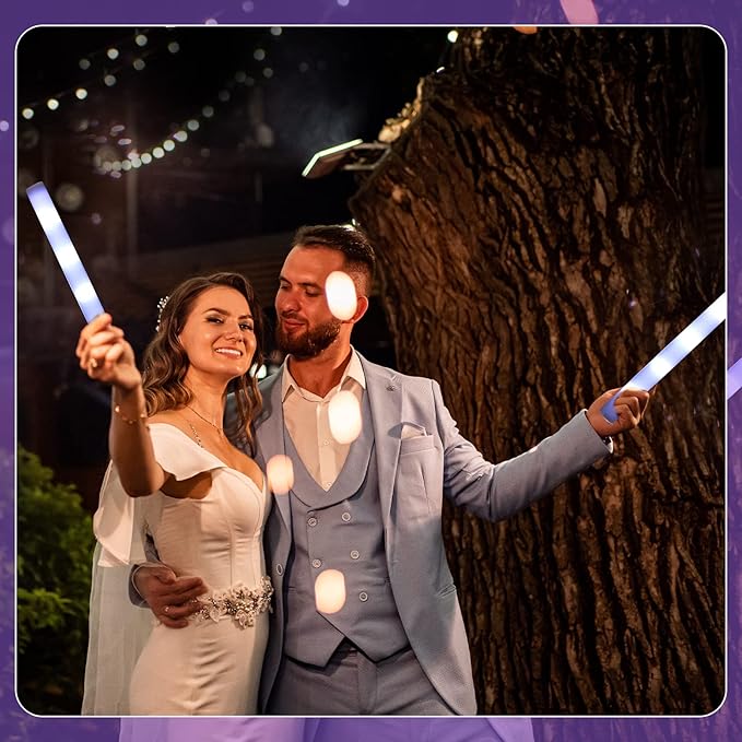 Cunno 50 White LED Foam Stick Bulk 16 Inch 3 Modes Light up Glow in The Dark Light Sticks Flashing Glow Wands for Wedding Birthday Rave Concert Carnival Multi Item Party Favor Packs, Battery Powered