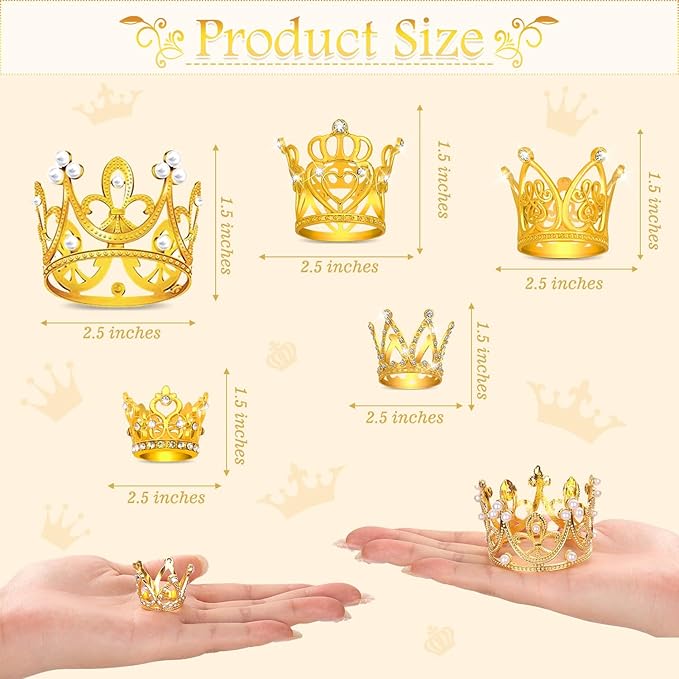 Billbotk 40 Pcs Mini Crowns for Flower Bouquets, Small Gold Crowns for Princess Cake Topper, Crown Decoration for Birthday Wedding Baby Shower Party, 5 Styles