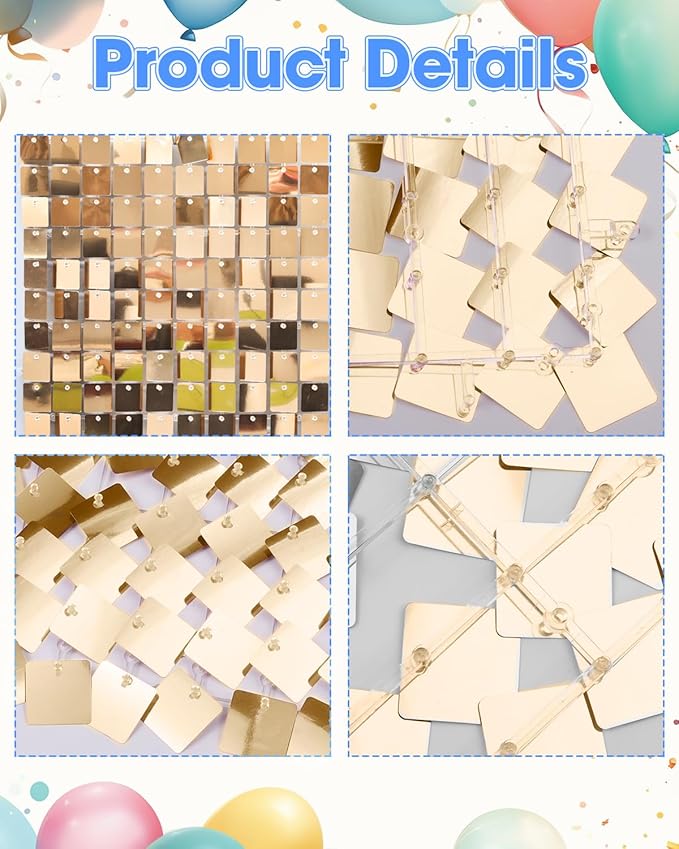 Light Gold Shimmer Wall Backdrop 36 Panels Cover 6 x 6 Ft, Photo Backdrops for Wedding,Anniversary,Birthday,Party Decoration