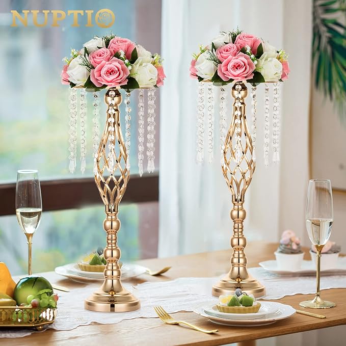 Nuptio 10 Pcs Crystal Flower Stand Wedding Centerpieces for Tables, 21.7in/55cm Tall Elegant Metal Flower Arrangement Stand, Tabletop Metal Flower Vase for Wedding Party Dinner Event Hotel Home Decor