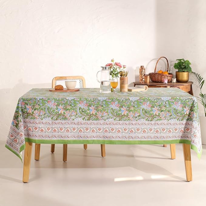 Hand Block Printed Tablecloth, Colorful Floral Print, Indian Artisan Handmade Art, Dining Room, Kitchen, Outdoor Décor, (Forest Ash Elegance, 16 Seater 72 x 190 Inches Rectangle)