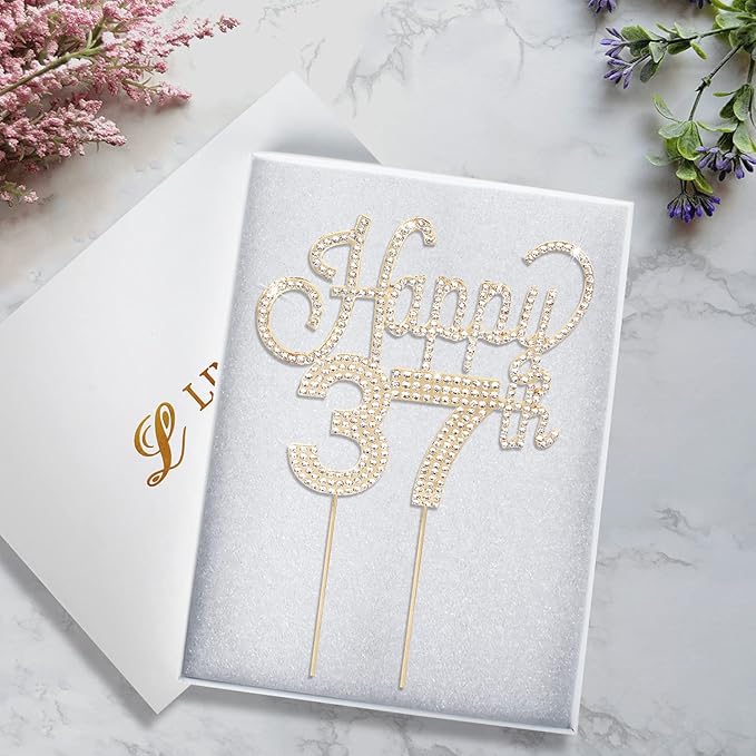 LINGTEER Happy 37th Birthday Gold Rhinestone Cake Topper - Cheers to 37th Birthday 37 Years Old Anniversary Party Cake Centerpieces Topper Decorations Gift Sign.