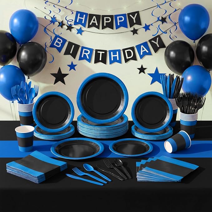 Funnymoom 452 Pcs Royal Blue and Black Party Supplies for 50 Guest, Blue and Black Paper Plates Cups Napkins Tablecloth Cutlery Straw Tableware Set for Graduation Birthday Wedding Party Decoration