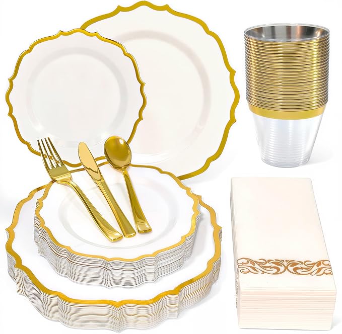Glowserve 175 Piece Disposable Plastic Plates Dinnerware Set for 25 Guests | 50 Plastic Plates,25 Silverware Set,25 Cups and Napkins,Party Wedding Birthday,Family Gathering,Fancy Plastic Plates