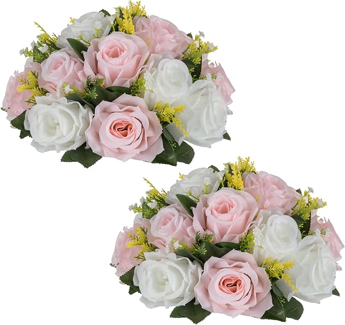 NUPTIO Flower Ball Centerpieces for Tables: Artificial Pink & White Rose Arrangements for Wedding Centerpiece - 2 Pcs Faux Silk Floral Kissing Balls for Home Gender Reveal Party Mother's Day Decor