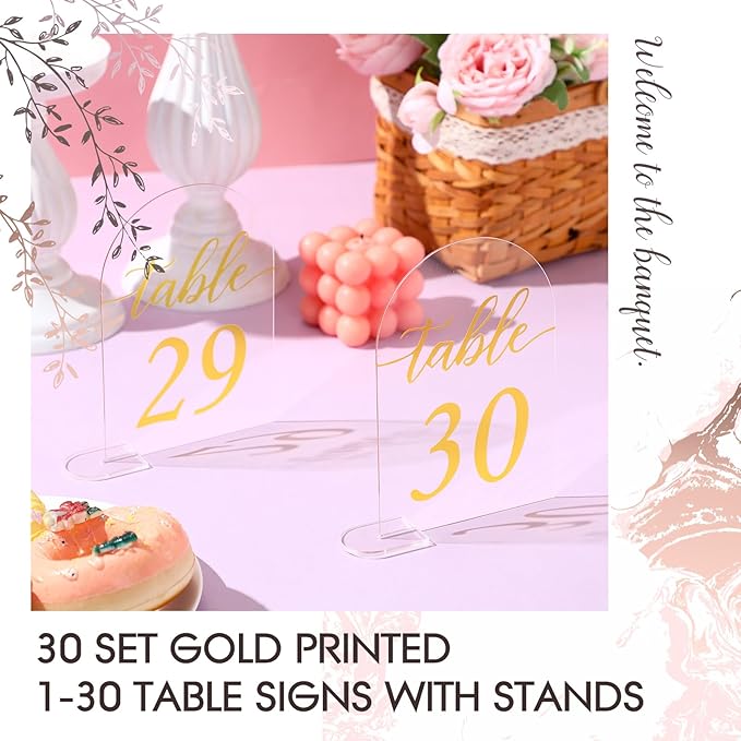 Vicenpal 4 x 6 Inch 30 Sets Acrylic Gold Table Numbers 1-30 Clear Table Signs Display Stand for Wedding Reception Event Party Centerpieces Decor
