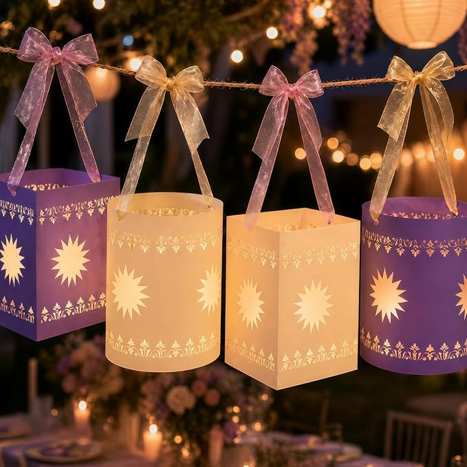 20 Pcs DIY Hanging Lanterns with String Light, Sun Shaped Thickened Paper Cutout Lantern for Princess Girls Birthday Party Home Yard Festival Decorations (10 Yellow+10 Purple, Batteries Not Included)