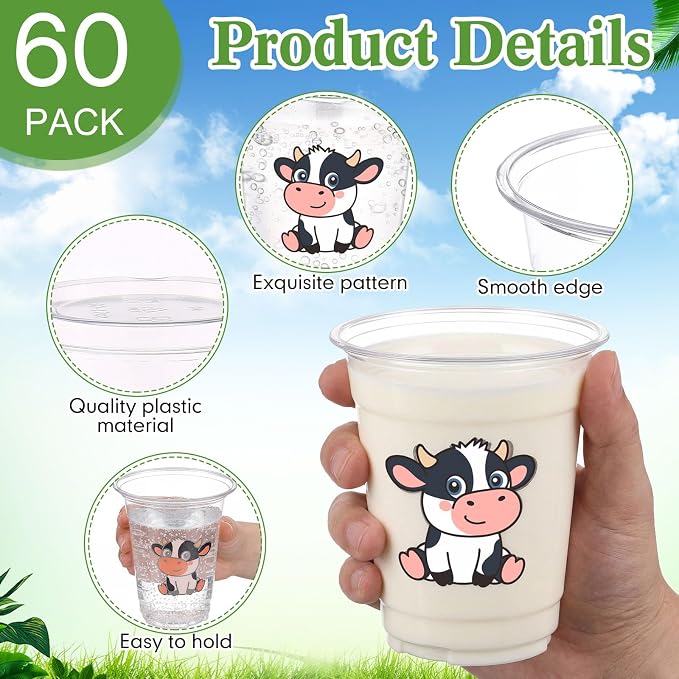 Funnymoom 60 Pack Cow Plastic Cups 12 oz Cute Cow Disposable Clear Plastic Drinking Cups for Farm Animal Themed Birthday Wedding Bridal Baby Shower Party Decoration Supplies