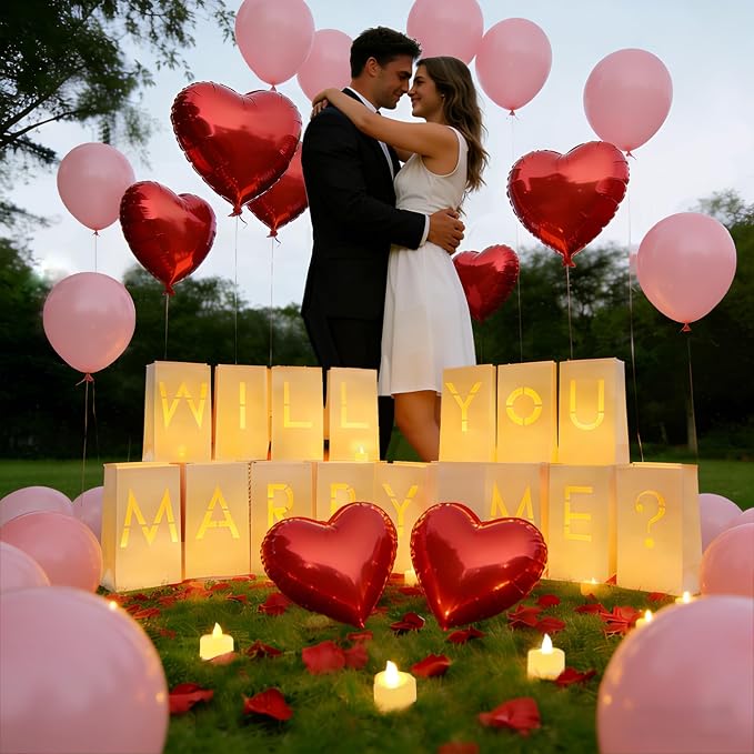 Will You Marry Me Light Up Letters Proposal Decorations with Luminary Paper Bags,Led Tea Candles,Rose Petals and Heart Balloons for Romantic Night,Valentines Day,Engagement Party,Proposals
